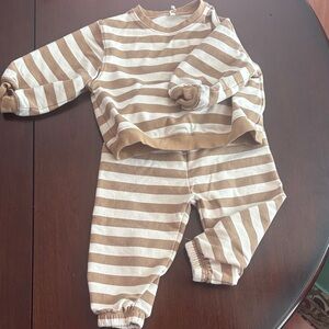 Striped Tan and White Toddler Outfit- size 18-24 months, organic cotton